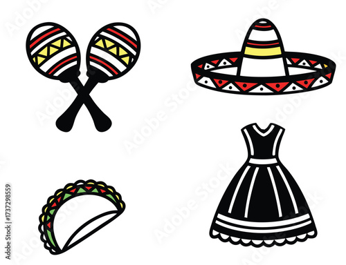 Mexican fiesta icons featuring maracas sombrero taco and dress