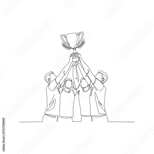 Continuous one line drawing of a team lifting a trophy together. Vector illustration of success, victory, and teamwork celebration.