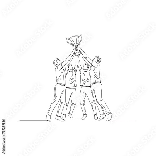 Continuous one line drawing of a team lifting a trophy together. Vector illustration of success, victory, and teamwork celebration.