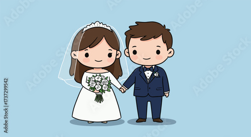 Adorable Cartoon Couple in Wedding Attire Holding Hands.