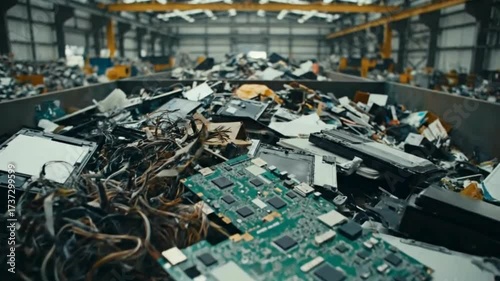 electronic waste recycling bin with circuit boards, tangled cables, and computer parts in industrial facility, symbolizing sustainability, reuse, and green technology.