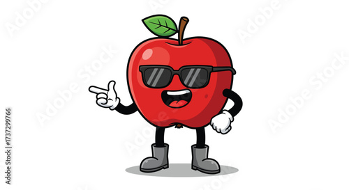Cartoon Red Apple Character Wearing Sunglasses and Pointing.