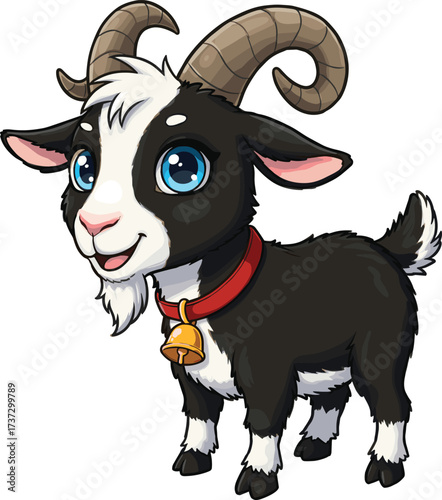 Cute cartoon baby goat illustration with big blue eyes, farm animal drawing, adorable goat character design, vector clipart, livestock art image