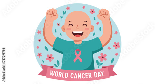 Cheerful bald child celebrating World Cancer Day with raised fists and flowers.