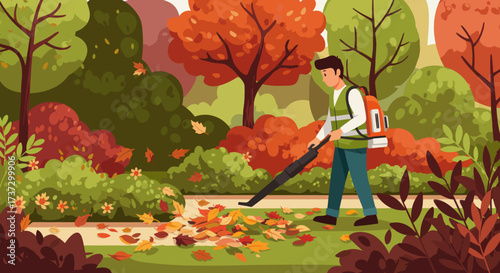 Man using leaf blower to clear fallen autumn leaves from park path