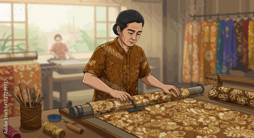Skilled Artisan Crafting Batik Fabric with Traditional Tools and Patterns