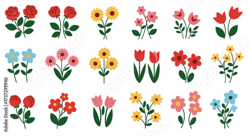 Collection of colorful stylized floral bouquets and individual flowers.