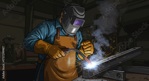 Cartoon Welder with Mask, Gloves, and Apron Welding Metal with Sparks
