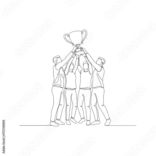 Continuous one line drawing of a team lifting a trophy together. Vector illustration of success, victory, and teamwork celebration.