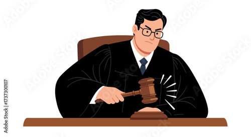 Stern male judge with glasses in a black robe striking a wooden gavel to make a ruling.