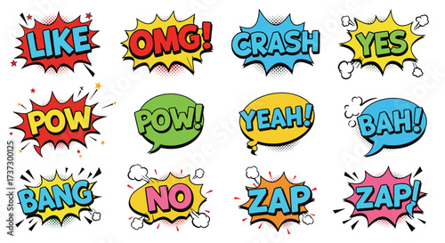 Collection of Comic Book Speech Bubbles with Onomatopoeia and Exclamations.