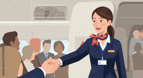 Friendly Flight Attendant Greets Passengers with a Welcoming Handshake
