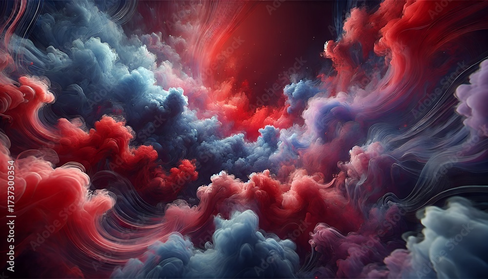 Fototapeta premium Dramatic clouds with red and blue smoke, abstract background with swirls
