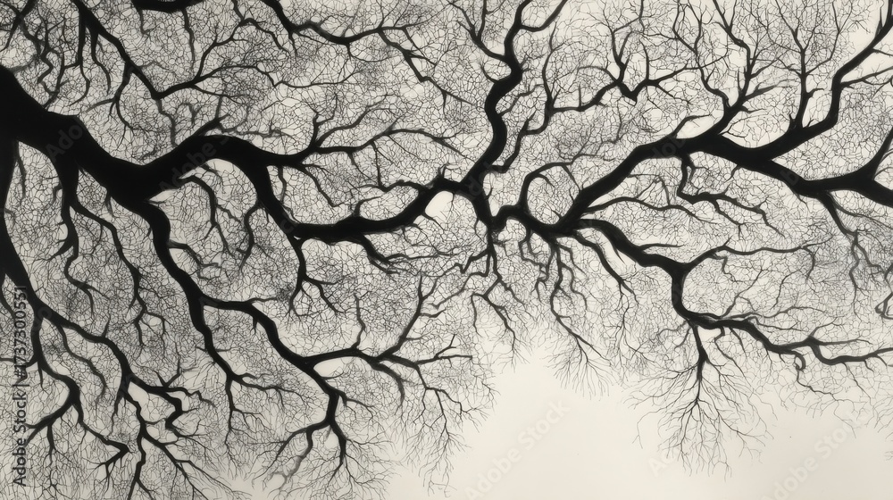 Fototapeta premium Intricate black and white tree branches extend from opposite sides, nearly meeting but not touching,