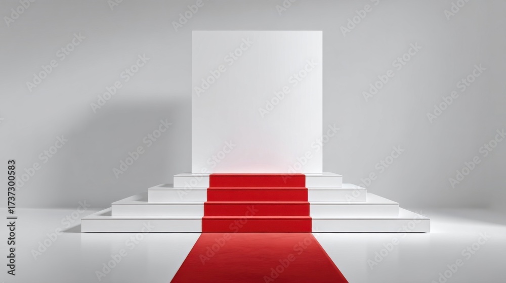 Fototapeta premium Empty stage with a large blank square panel backdrop, vibrant red carpet leading down styled steps, minimalist design.