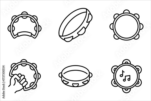 Tambourine Linear icon set. musical instrument. Folk instrument for beating out rhythm. vector illustration on white background