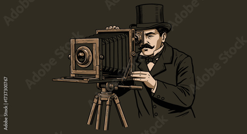 Vintage Gentleman Photographer in Top Hat Operating Large Format Bellows Camera