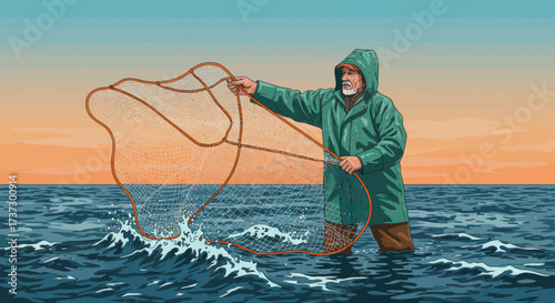 Weathered fisherman in green hooded raincoat casting a large orange-trimmed fishing net.
