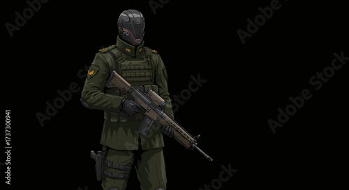 Futuristic Soldier Holding Rifle, Wearing Green Uniform and Helmet