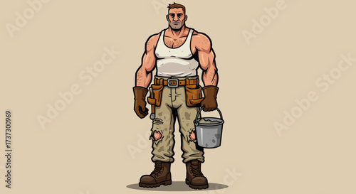Muscular Cartoon Construction Worker Holding a Bucket of Cement