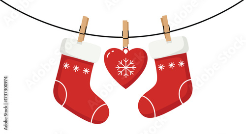 Festive Christmas Stockings and Heart Ornament Hanging on a Clothesline.