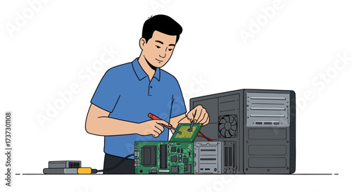 Man repairing computer hardware with screwdriver, motherboard, and PC case.