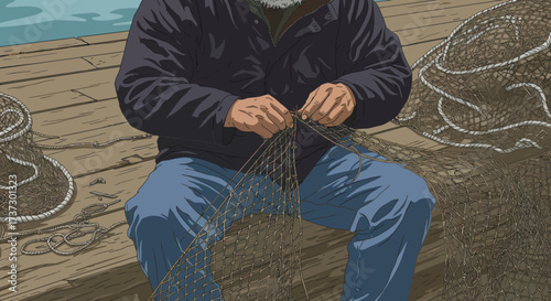 Fisherman Repairing Net on Dock, Wearing Blue Jeans and Dark Jacket