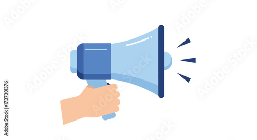 Hand holding a blue megaphone broadcasting sound waves.