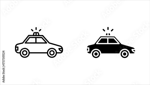 Police car icon set. Black car with siren light icon, vector illustration on white background