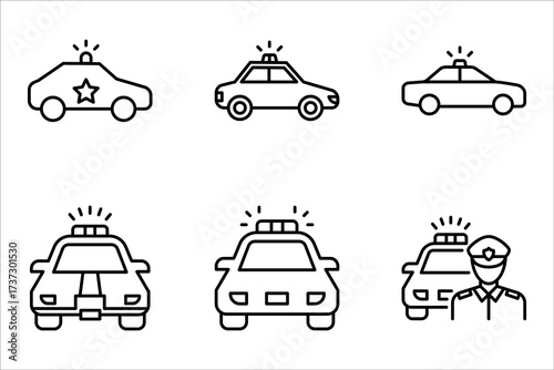 Police car icon set. Black car with siren light icon, vector illustration on white background