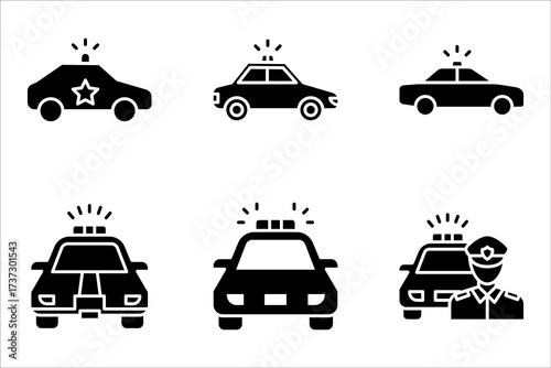 Police car icon set. Black car with siren light icon, vector illustration on white background