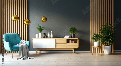 Modern Living Room Interior with Blue Armchair and Wooden Accents furniture tv stand pendant lights gold wall gray plants vases home