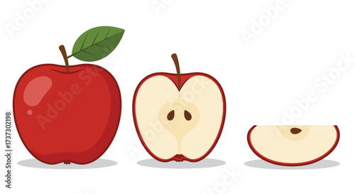 Vibrant Red Apple Halved and Slice Illustration.