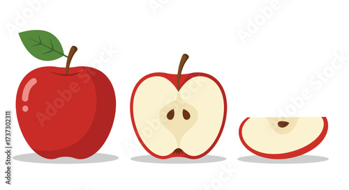 Whole Halved and Sliced Red Apple with Green Leaf.