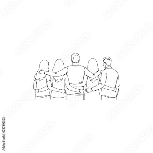 Continuous one line drawing of a diverse business team or group of friends standing together with arms around each other. Back view illustration of unity, support, and teamwork.