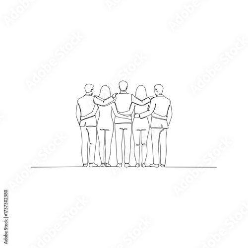 Continuous one line drawing of a diverse business team or group of friends standing together with arms around each other. Back view illustration of unity, support, and teamwork.