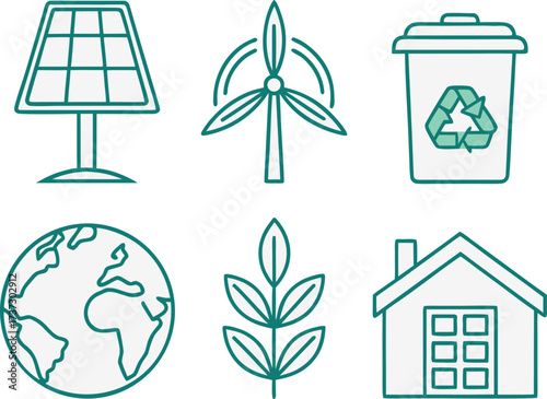 Green energy and sustainability icons including solar panel wind turbine recycling bin earth plant and house