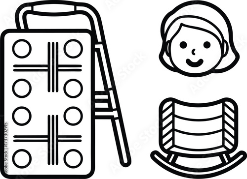 Illustration of a walker a smiling face and a rocking chair