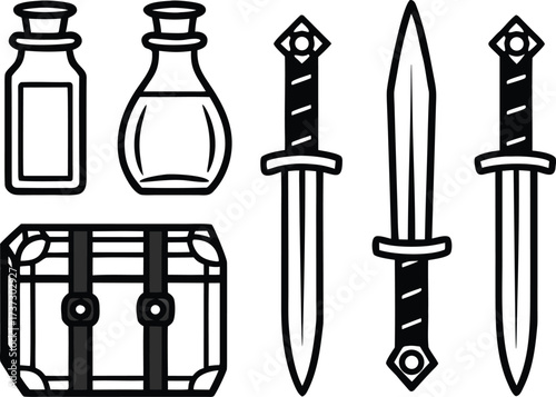 Fantasy game items collection with swords potions and treasure chest