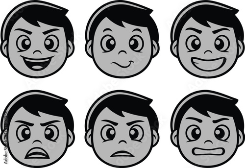 Six cartoon boy faces showing different emotions