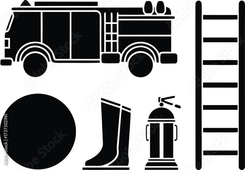Collection of firefighter equipment icons on black background