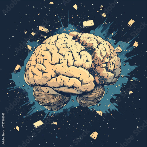 Human Brain with Exploding Fragments and Energy , vector style simple color