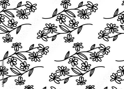 Repeating pattern of delicate black line-art flowers and leaves on a white background.
