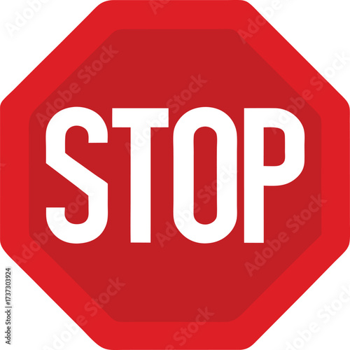 Stop Sign Flat Vector Icon for Traffic Prohibition, Road Safety Symbol, and Mandatory Driving Apps, Isolated on White Background.

