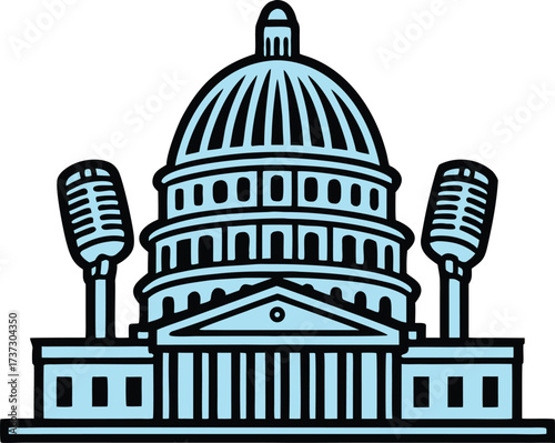 Capitol building with microphones political broadcast concept