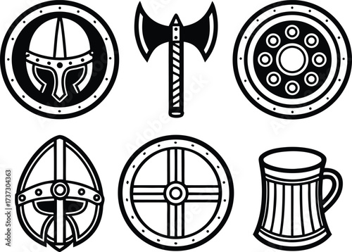 Viking warrior symbols including helmets axes and shields