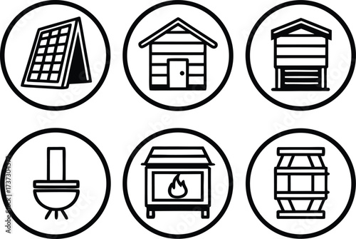 Set of six simple icons representing a solar panel cabin storage shed toilet fireplace and barrel