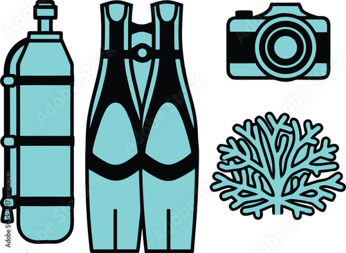 Scuba diving equipment including a tank fins camera and coral illustration