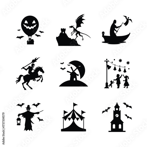 Silhouetted Halloween Night Imagery with a Pumpkin Balloon and Spooky Characters like a Grim Reaper and Horseman