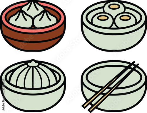 Collection of four stylized illustrations of asian dumplings and food bowls